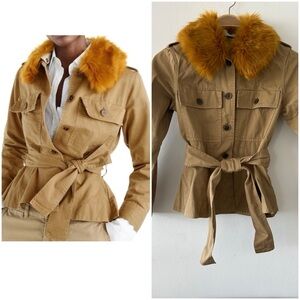 NWOT Womens J.Crew Peplum Belted Khaki Chino Jacket Removable faux fur collar XS